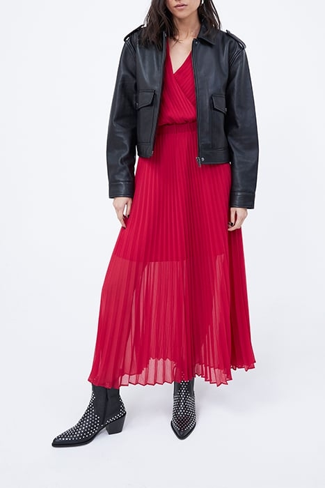 RED WRAP TOP FULLY PLEATED LONG DRESS 5