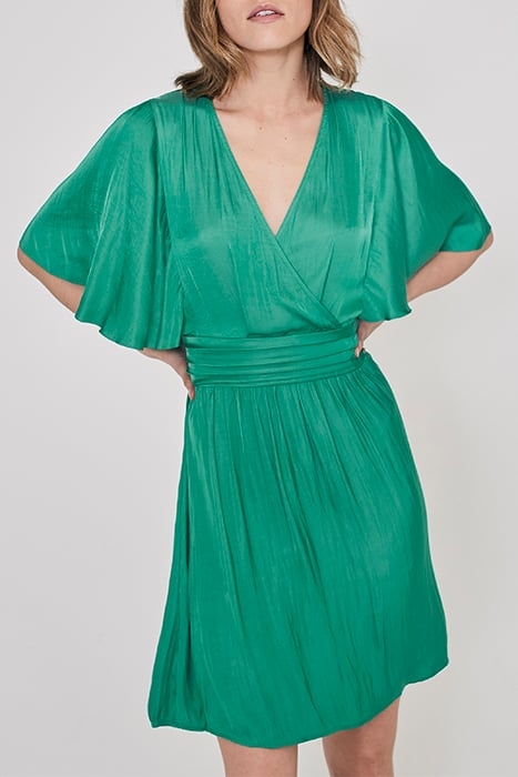 GREEN RECYCLED SATIN DRESS WITH DRAPED BELT 1