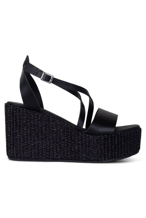 BLACK LEATHER RAFFIA HEEL WEDGE SANDALS 1
