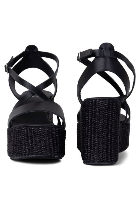 BLACK LEATHER RAFFIA HEEL WEDGE SANDALS 3