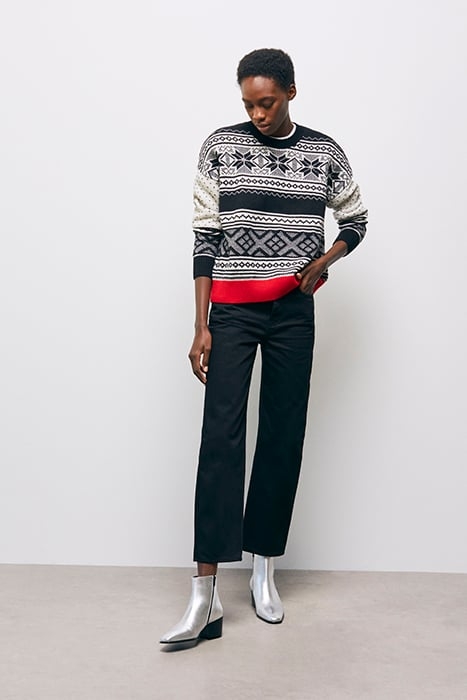 PULL COL ROND JACQUARD AVEC RIB CONTRASTE BLACK RED OFF WHIT 4