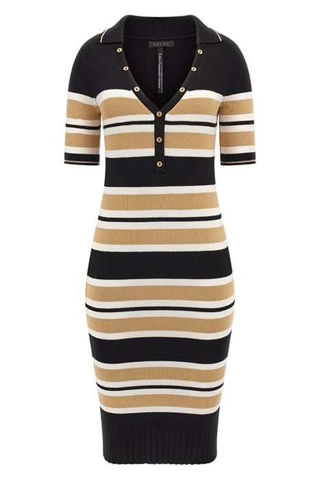 GUESS ECO MAIA SS DRESS SWTR BLACK WHITE TAUPE ST 4