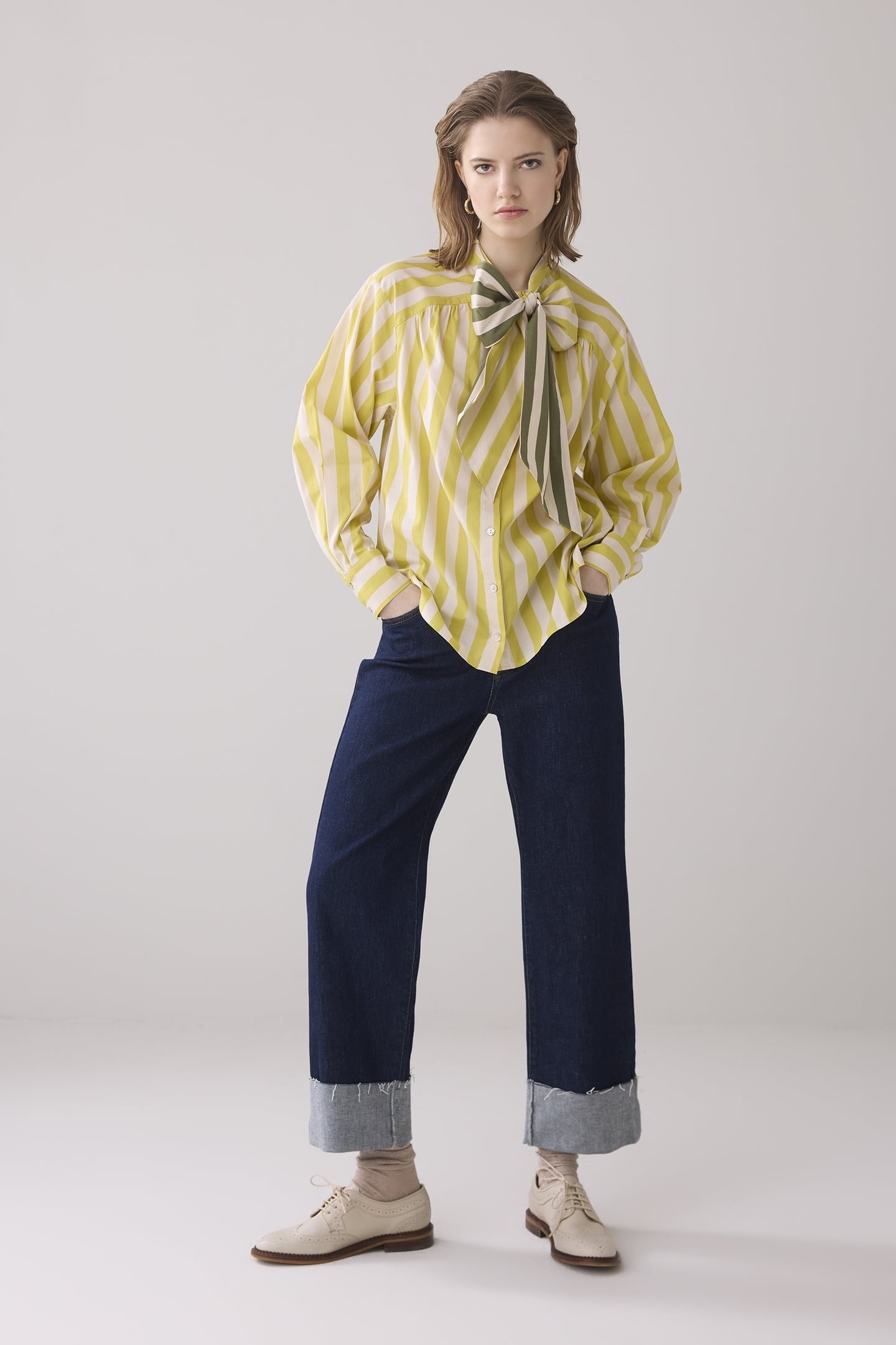 BLOUSE BOW TIE PRINTED STRIPE MIMOSA YELLOW 1