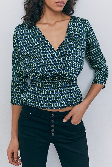 BLACK GRAPHIC PRINT WRAP BLOUSE 1