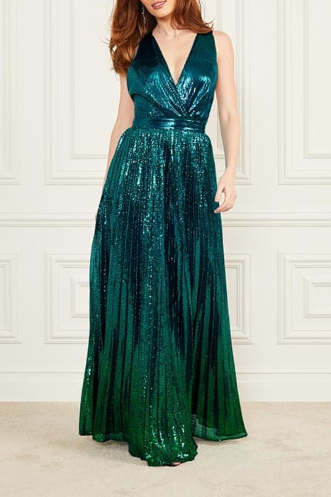 MARCIANO BY GUESS BRYCE PLEATED DRESS ORNATE TEAL MULTI 1