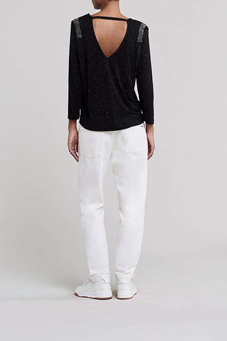 BLACK V NECK VISCOSE T-SHIRT WITH RHINESTONES 4