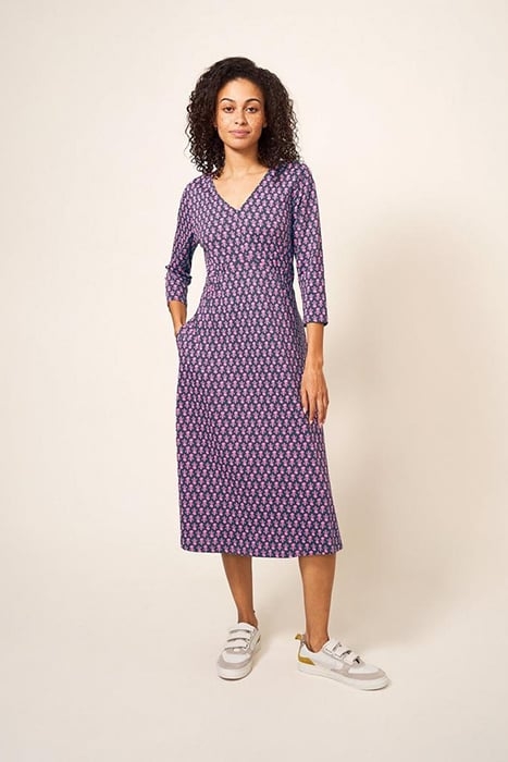 TEA MIDI JERSEY DRESS PINK PRINT 1