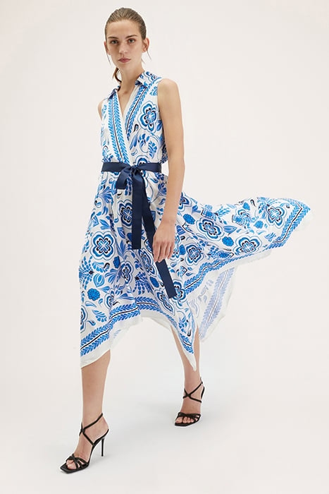 DRESS WITH SCARF PATTERN AND ASYMMETRICAL HEM BLUE 4