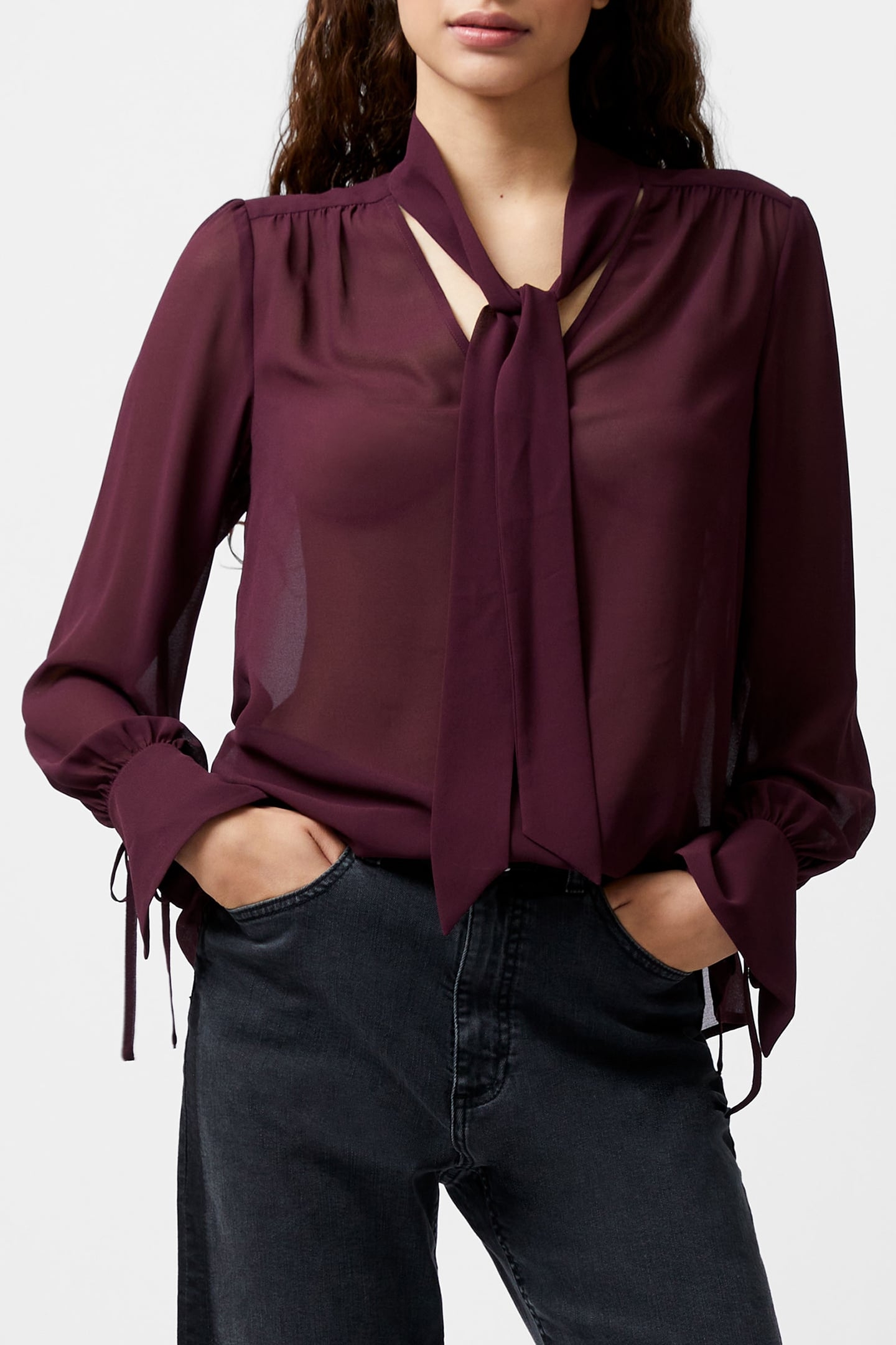 GEORGETTE L/S TIE NK BLOUSE BURGUNDY RED 1